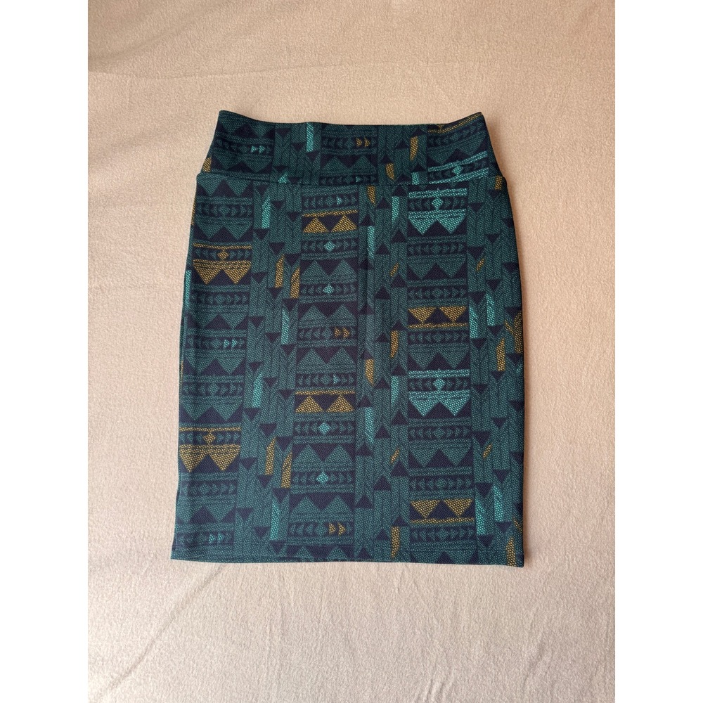 LuLaRoe Cassie Pencil Skirt Size M Teal Geometric Tribal Stretch Knee Length